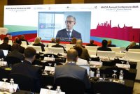 ICAC Commissioner Woo Ying-ming delivers an opening remarks via video conferencing at the IAACA Annual Conference.