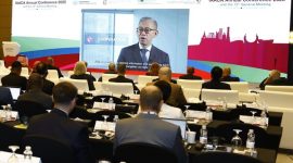 ICAC Commissioner Woo Ying-ming delivers an opening remarks via video conferencing at the IAACA Annual Conference.