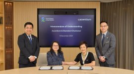 (From left to right) Tony So, Head, SME Banking, Hong Kong & Greater Bay Area, and Xie Wen, Global Head, SME Banking, both from Standard Chartered, Wendy Wang, Founding Management & Group President, and Gary Tok, Group Chief Commercial Officer, both from Ascentium.