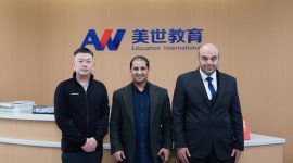 Group photo of Wang Jing (left), Founder and CEO of AW Education International, Dr. Ahmed (center), former Cultural and Education Attach&eacute; of Saudi Arabia to China, and Abdallah (right), Executive Director and President of a leading Saudi education institution.