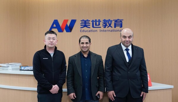 Group photo of Wang Jing (left), Founder and CEO of AW Education International, Dr. Ahmed (center), former Cultural and Education Attach&eacute; of Saudi Arabia to China, and Abdallah (right), Executive Director and President of a leading Saudi education institution.
